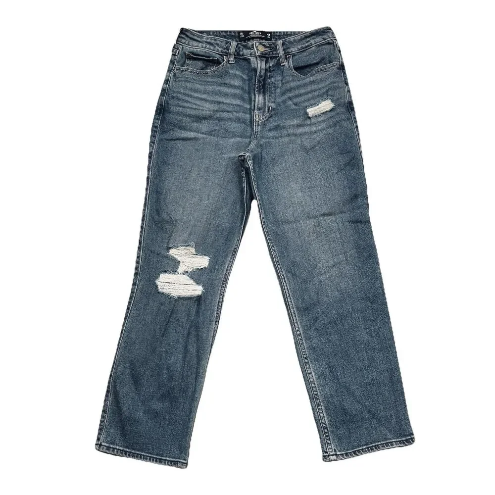 Hollister Ultra High Rise Vintage Straight Jeans 7 (27x26) Blue Distressed Denim